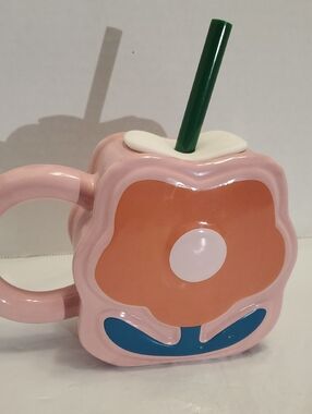 Pink Floral Ceramic Tumbler with Green Straw - Unbranded